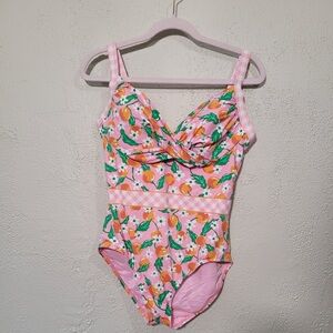 Draper James Pink and Orange One Piece Swimsuit with Sweetheart Neckline